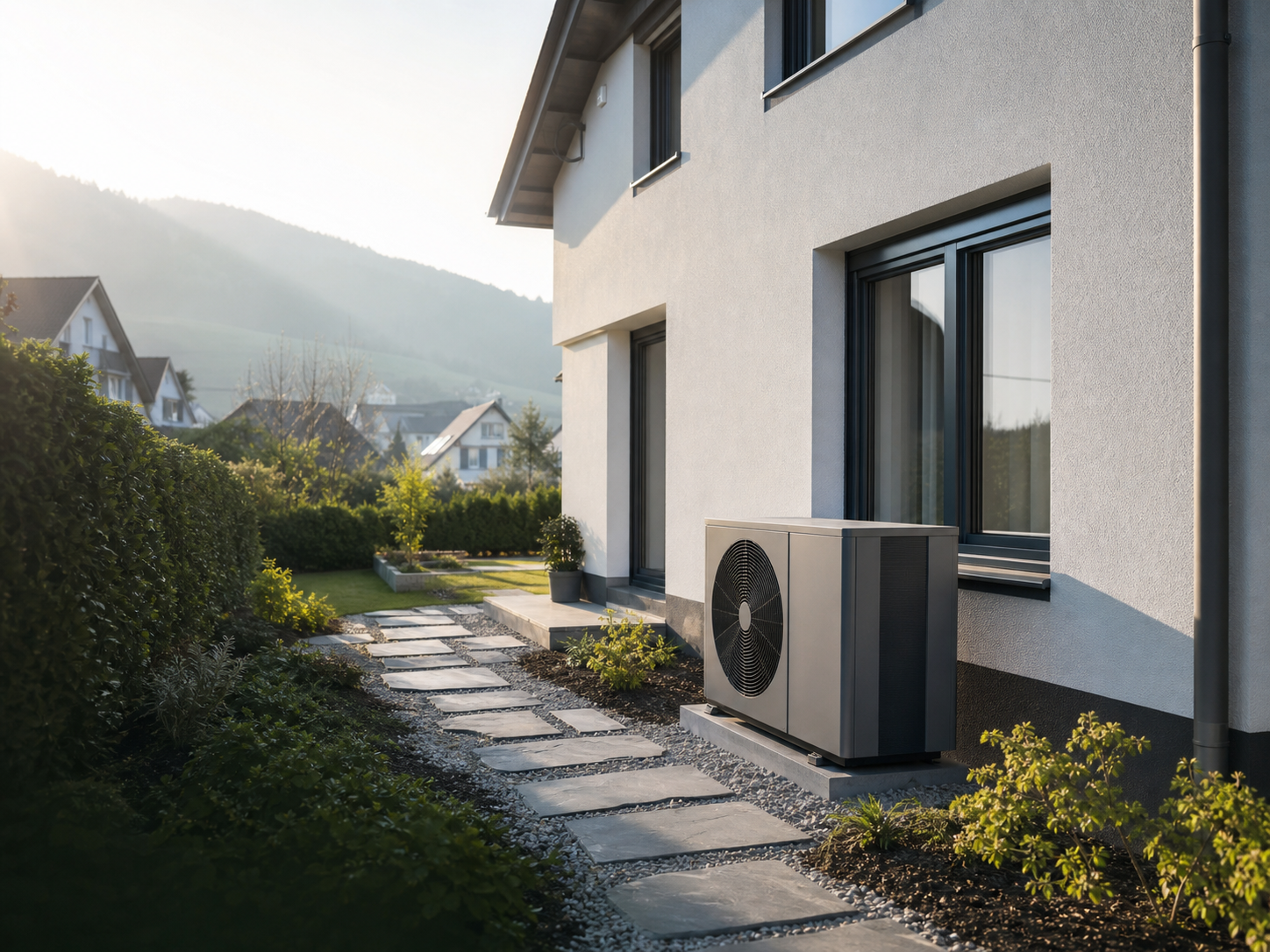Wärmepumpe neben einem sanierten Wohnhaus